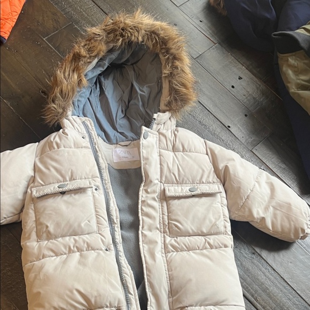 Zara Kids Beige Puffer Jacket with Faux Fur Hood
